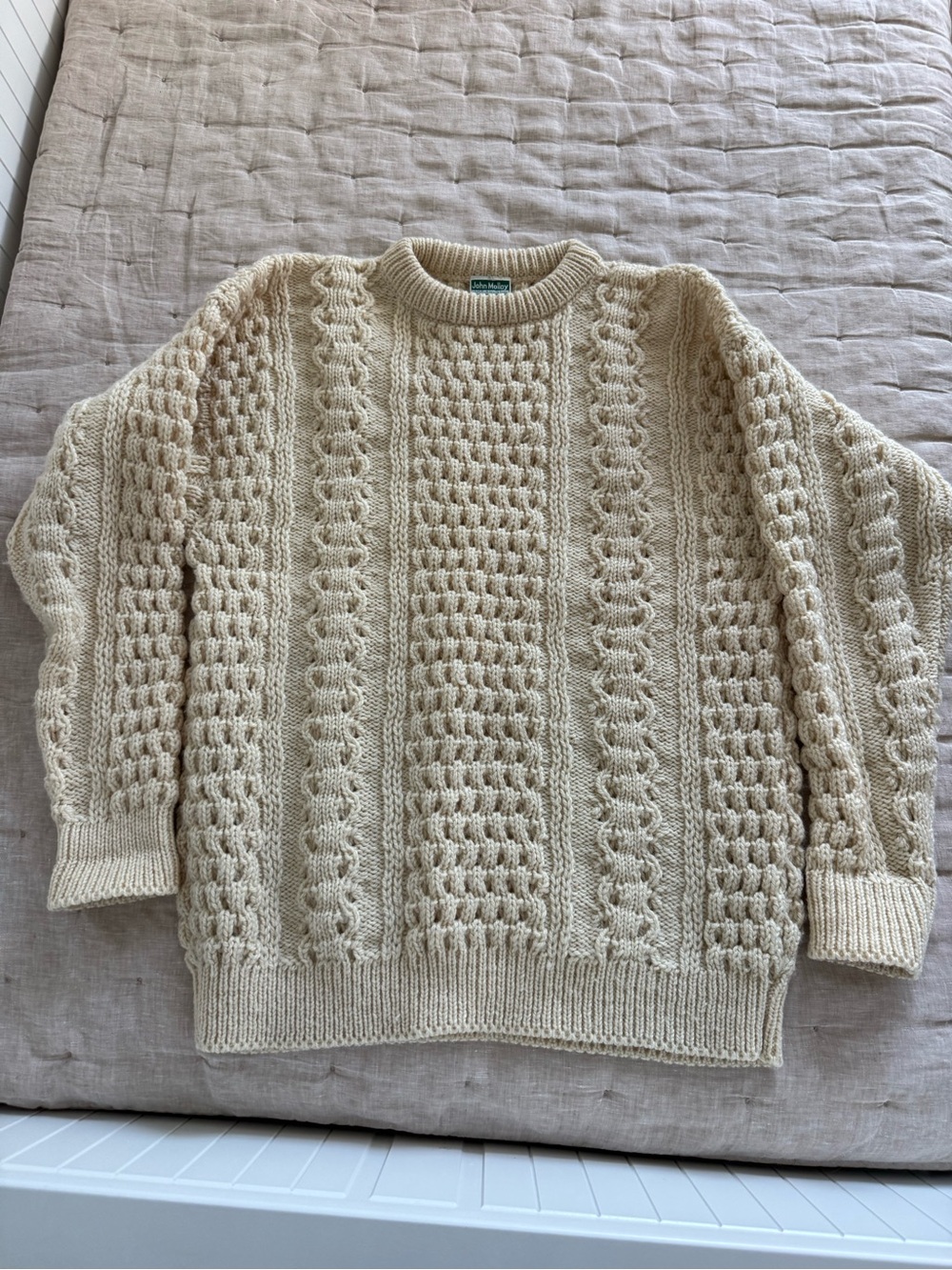Vintage John Molloy Aran Sweater Pure Irish Wool Cable Knit Cream Fisherman Sz L